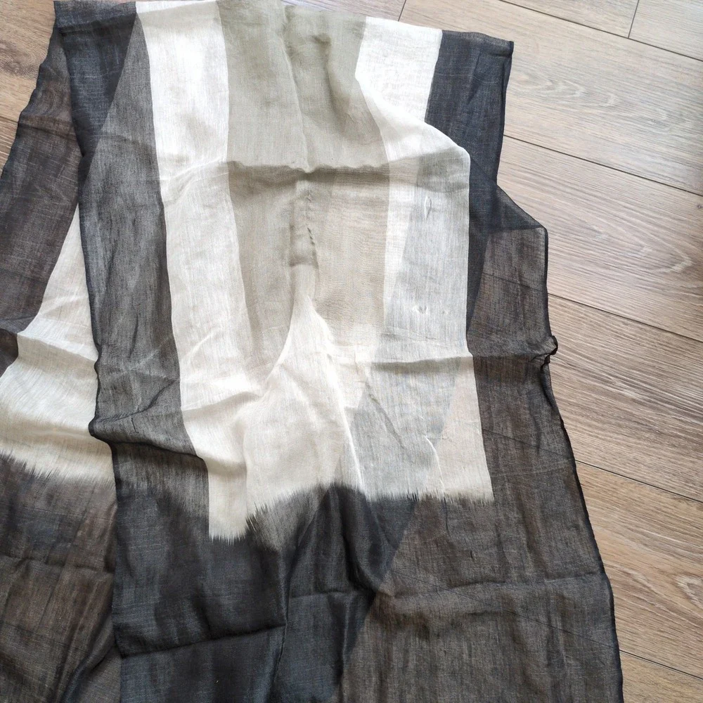 Cejon Lightweight Fringed Scarf Black White Cotton Silk Colorblock‎ Large